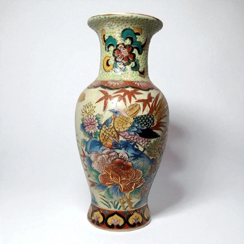 Vintage Asian Japanese Satsuma Porcelain Vase Hand Painted Floral
